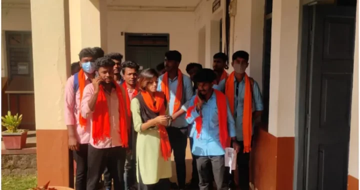 Karnataka college students wear saffron scarves protesting against hijab in classrooms